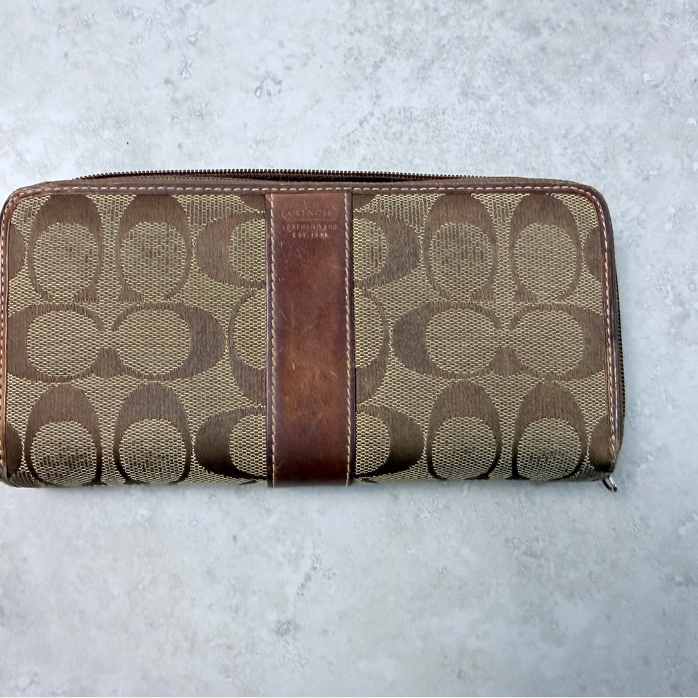 Coach Signature Brown Canvas Leather Zip Around Accordion Wallet Women’s